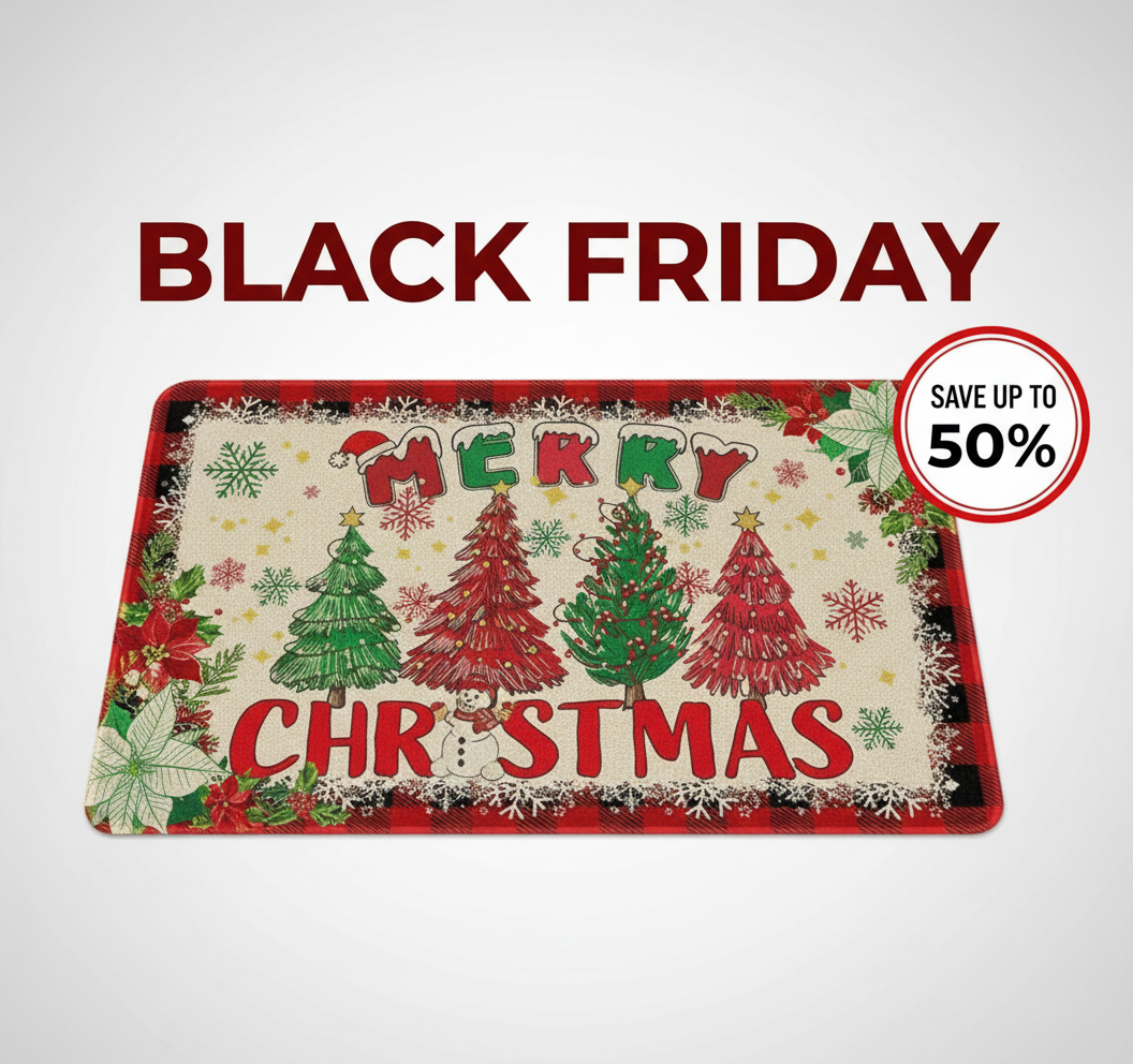 Two-piece Christmas-themed kitchen mat set, Christmas kitchen rug two-piece set - Santa Claus farmhouse truck red buffalo plaid pattern Christmas kitchen decoration