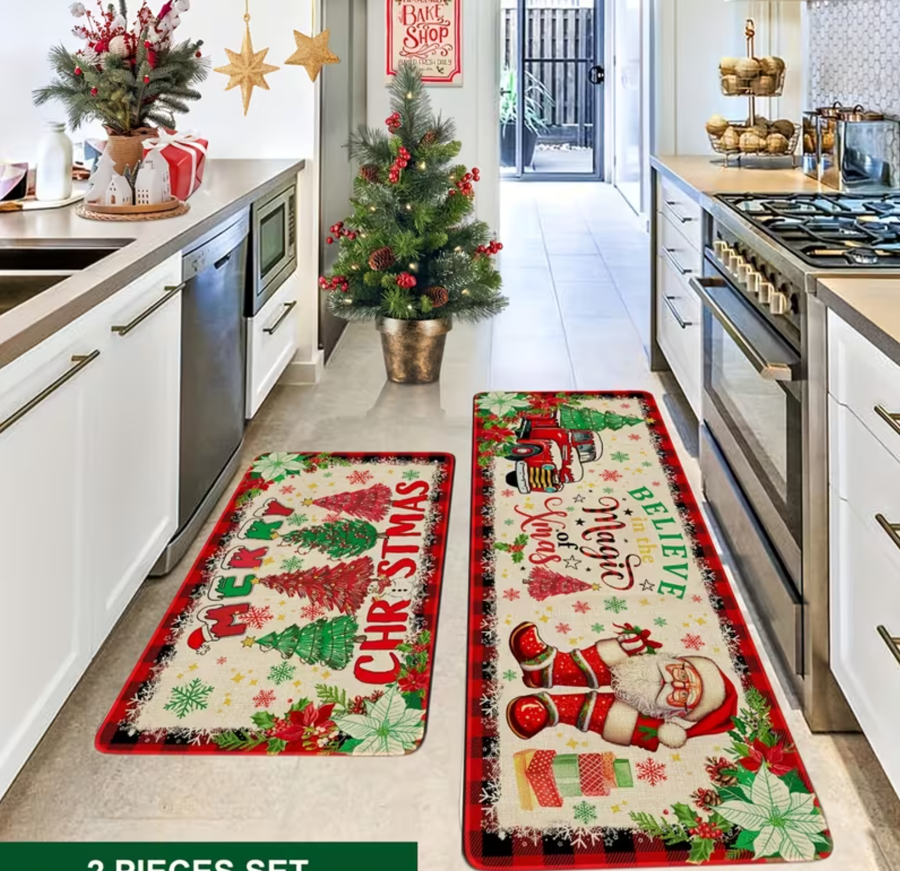 Two-piece Christmas-themed kitchen mat set, Christmas kitchen rug two-piece set - Santa Claus farmhouse truck red buffalo plaid pattern Christmas kitchen decoration