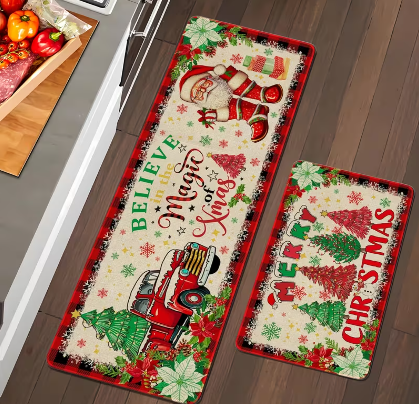 Two-piece Christmas-themed kitchen mat set, Christmas kitchen rug two-piece set - Santa Claus farmhouse truck red buffalo plaid pattern Christmas kitchen decoration