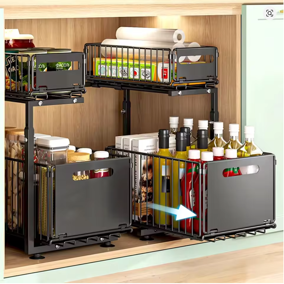 2 Tier Pull Out Cabinet Organizer Adjustable Kitchen Storage Rack Under Sink Organizer Spice Jar Storage Rack Slide Out Drawer