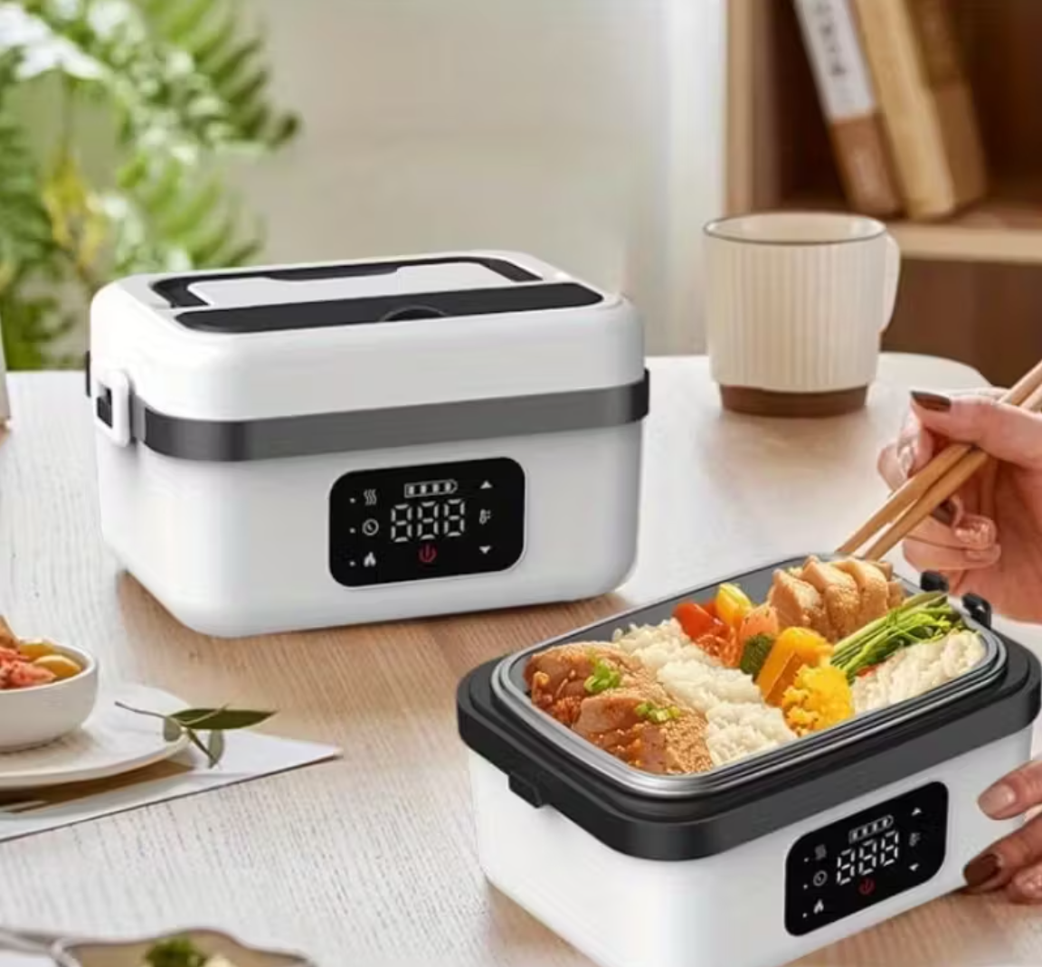 Rechargeable Self-Heating Lunch Box for Adults - Portable USB-Powered Lunch Warmer with Digital Display, 304 Stainless Steel & Plastic, Ideal for Work, Camping, and Meal Prep, Includes 2 Bento Boxes, 33.81oz Capacity, Hand Wash Only, Lunch Box Accessories