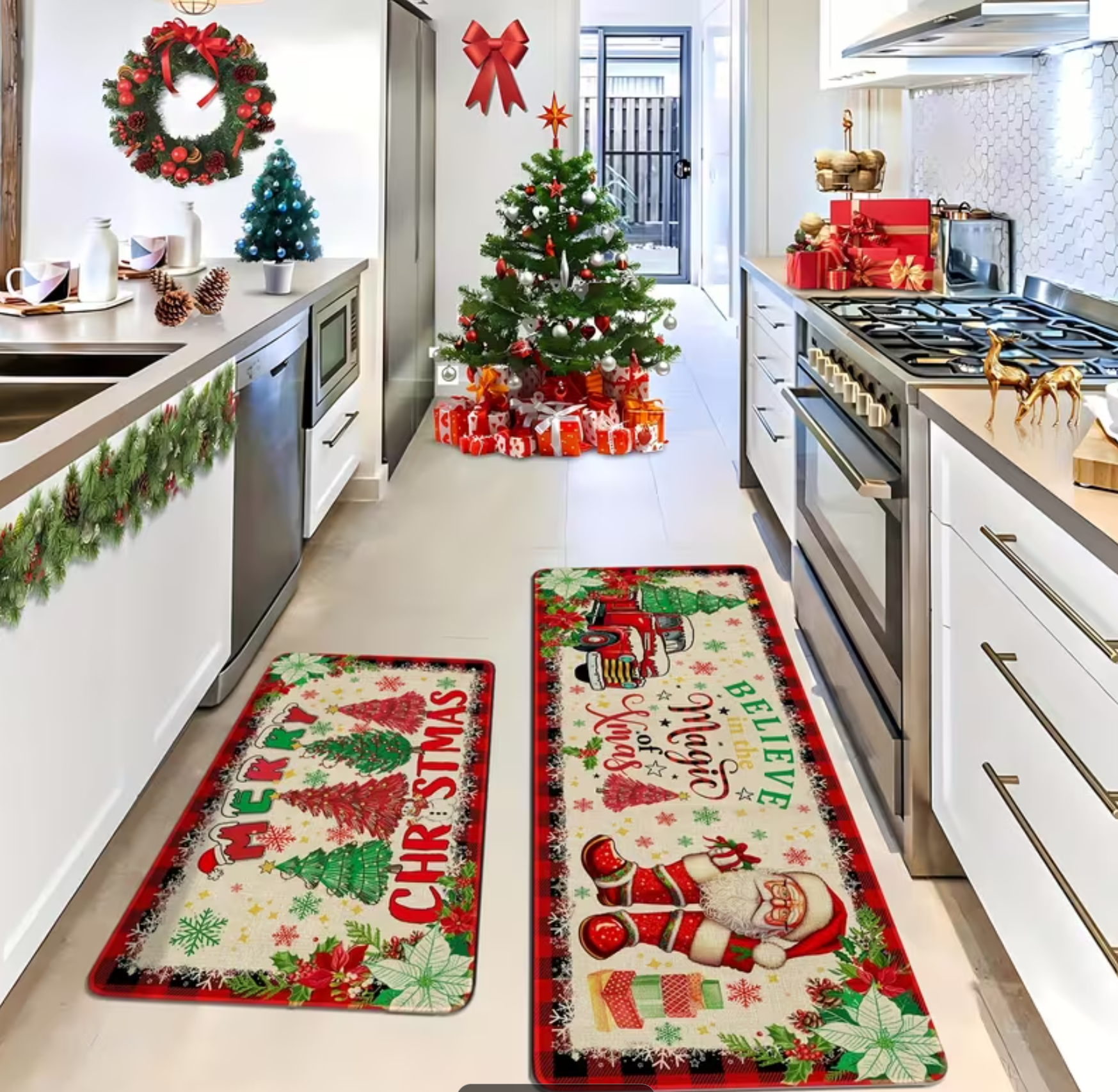 Two-piece Christmas-themed kitchen mat set, Christmas kitchen rug two-piece set - Santa Claus farmhouse truck red buffalo plaid pattern Christmas kitchen decoration