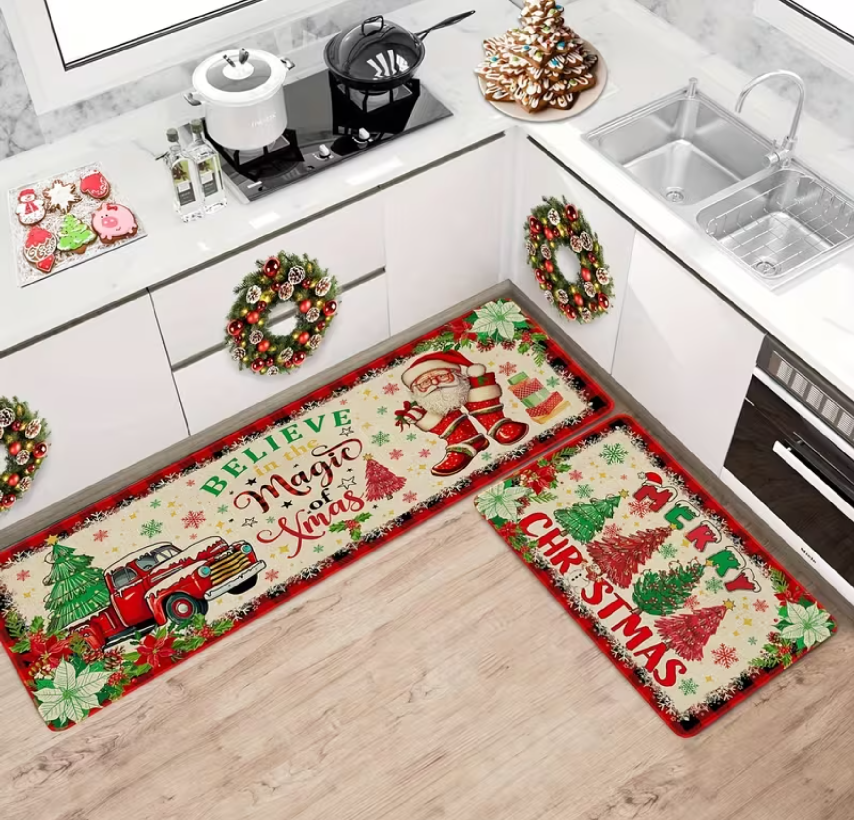 Two-piece Christmas-themed kitchen mat set, Christmas kitchen rug two-piece set - Santa Claus farmhouse truck red buffalo plaid pattern Christmas kitchen decoration