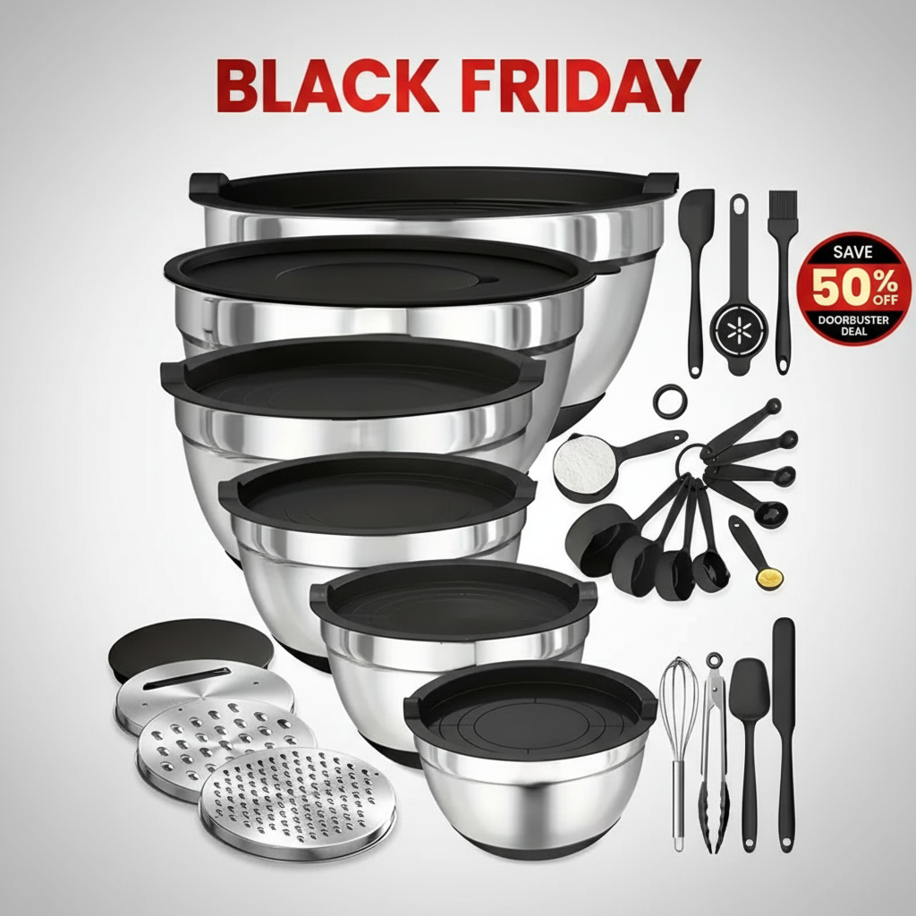 17pcs Stainless Steel Mixing Bowl Set with Sealing Lids & Grater - Non-Slip, Rust-Resistant Kitchen Gadgets for Salads & More - Includes 7QT to 1QT Sizes