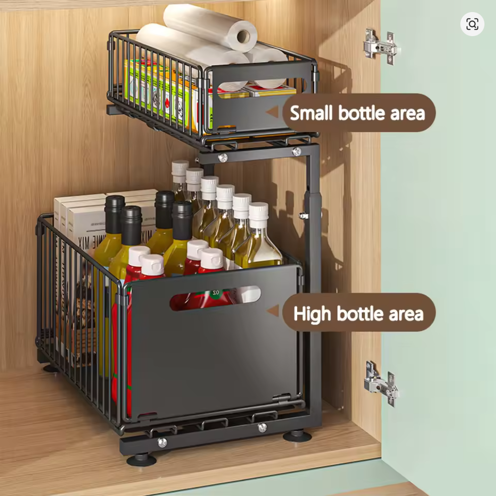 2 Tier Pull Out Cabinet Organizer Adjustable Kitchen Storage Rack Under Sink Organizer Spice Jar Storage Rack Slide Out Drawer