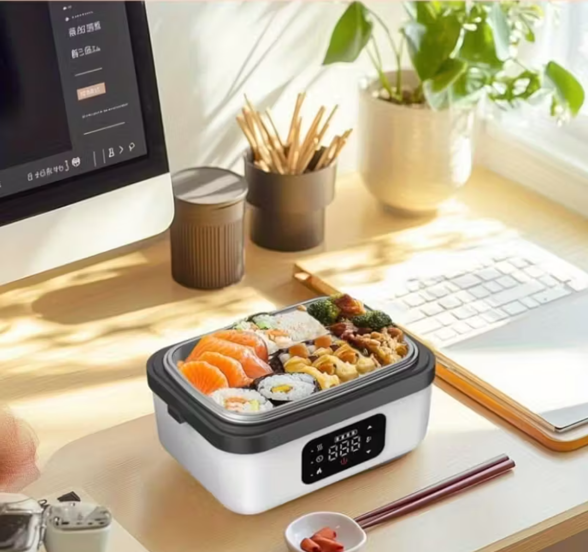 Rechargeable Self-Heating Lunch Box for Adults - Portable USB-Powered Lunch Warmer with Digital Display, 304 Stainless Steel & Plastic, Ideal for Work, Camping, and Meal Prep, Includes 2 Bento Boxes, 33.81oz Capacity, Hand Wash Only, Lunch Box Accessories
