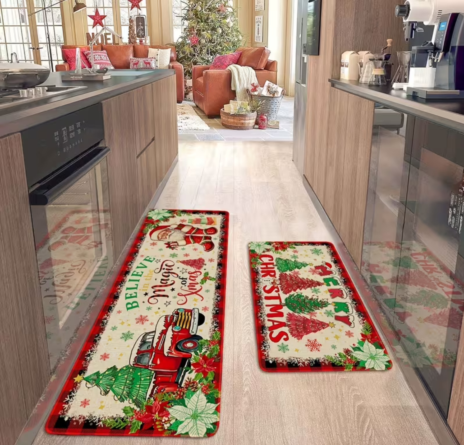 Two-piece Christmas-themed kitchen mat set, Christmas kitchen rug two-piece set - Santa Claus farmhouse truck red buffalo plaid pattern Christmas kitchen decoration