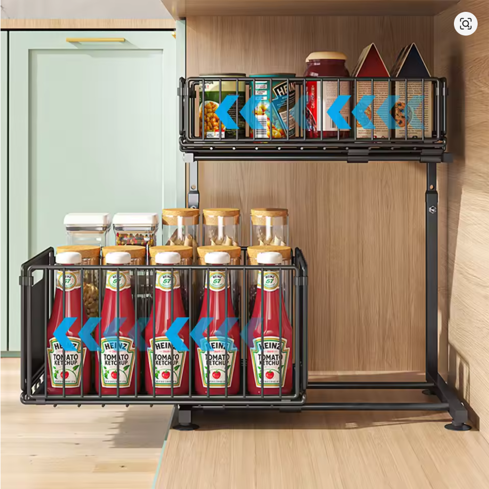 2 Tier Pull Out Cabinet Organizer Adjustable Kitchen Storage Rack Under Sink Organizer Spice Jar Storage Rack Slide Out Drawer