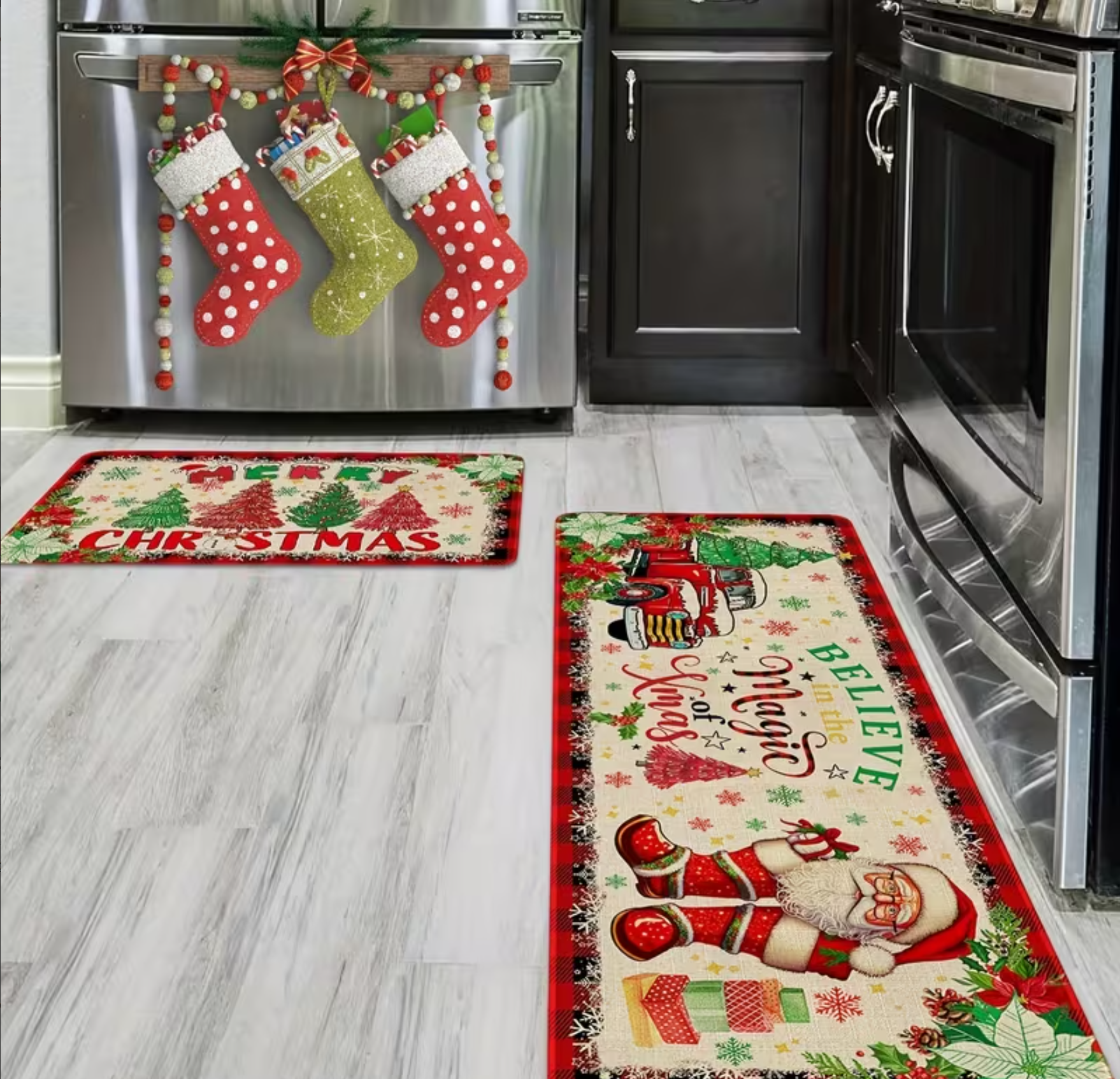 Two-piece Christmas-themed kitchen mat set, Christmas kitchen rug two-piece set - Santa Claus farmhouse truck red buffalo plaid pattern Christmas kitchen decoration