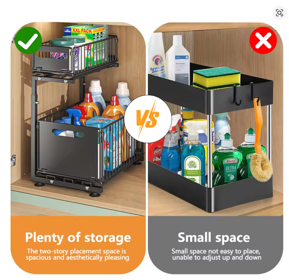 2 Tier Pull Out Cabinet Organizer Adjustable Kitchen Storage Rack Under Sink Organizer Spice Jar Storage Rack Slide Out Drawer