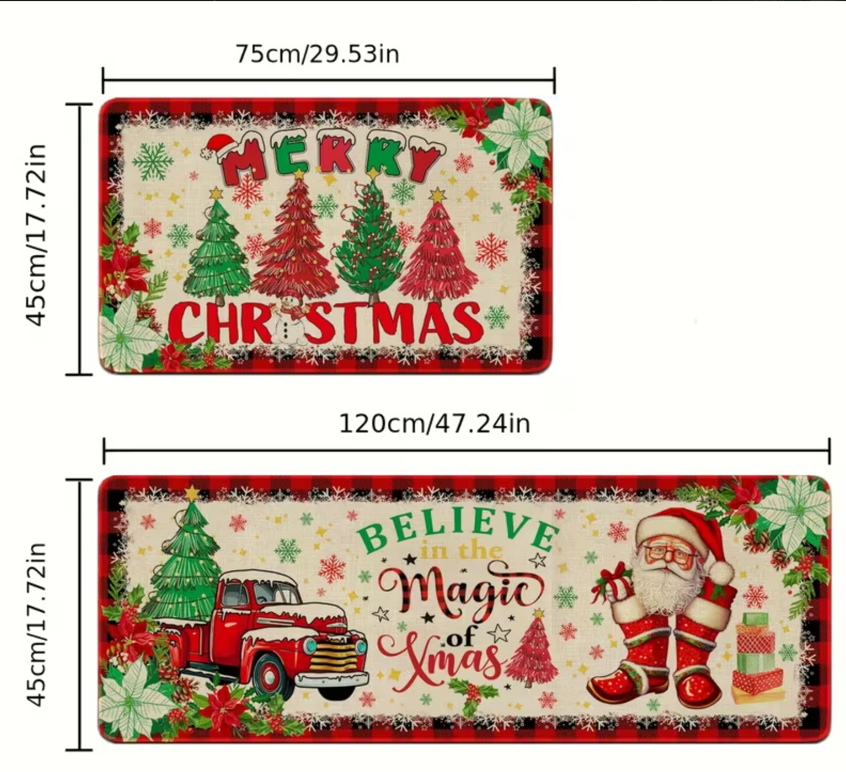 Two-piece Christmas-themed kitchen mat set, Christmas kitchen rug two-piece set - Santa Claus farmhouse truck red buffalo plaid pattern Christmas kitchen decoration