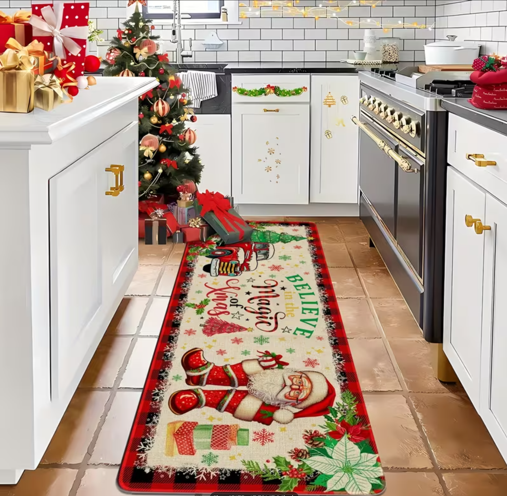 Two-piece Christmas-themed kitchen mat set, Christmas kitchen rug two-piece set - Santa Claus farmhouse truck red buffalo plaid pattern Christmas kitchen decoration