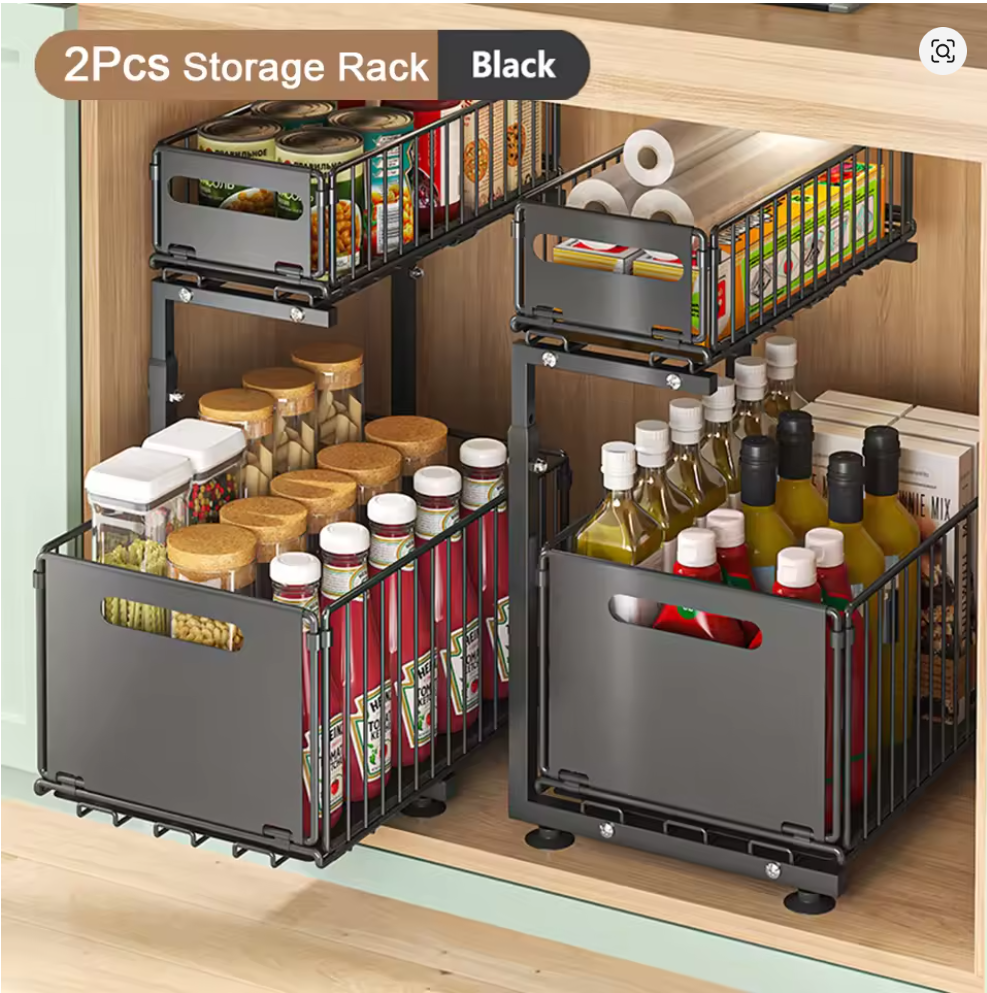 2 Tier Pull Out Cabinet Organizer Adjustable Kitchen Storage Rack Under Sink Organizer Spice Jar Storage Rack Slide Out Drawer