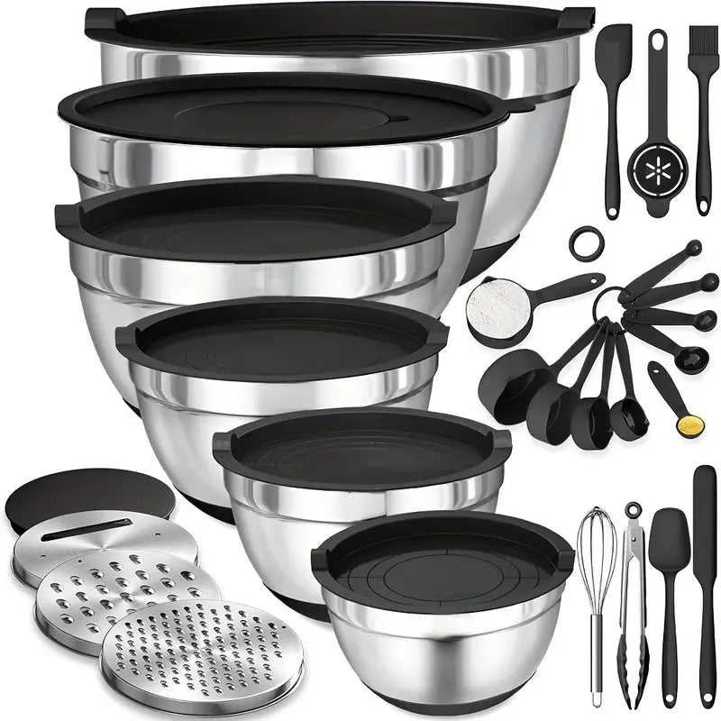 17pcs Stainless Steel Mixing Bowl Set with Sealing Lids & Grater - Non-Slip, Rust-Resistant Kitchen Gadgets for Salads & More - Includes 7QT to 1QT Sizes