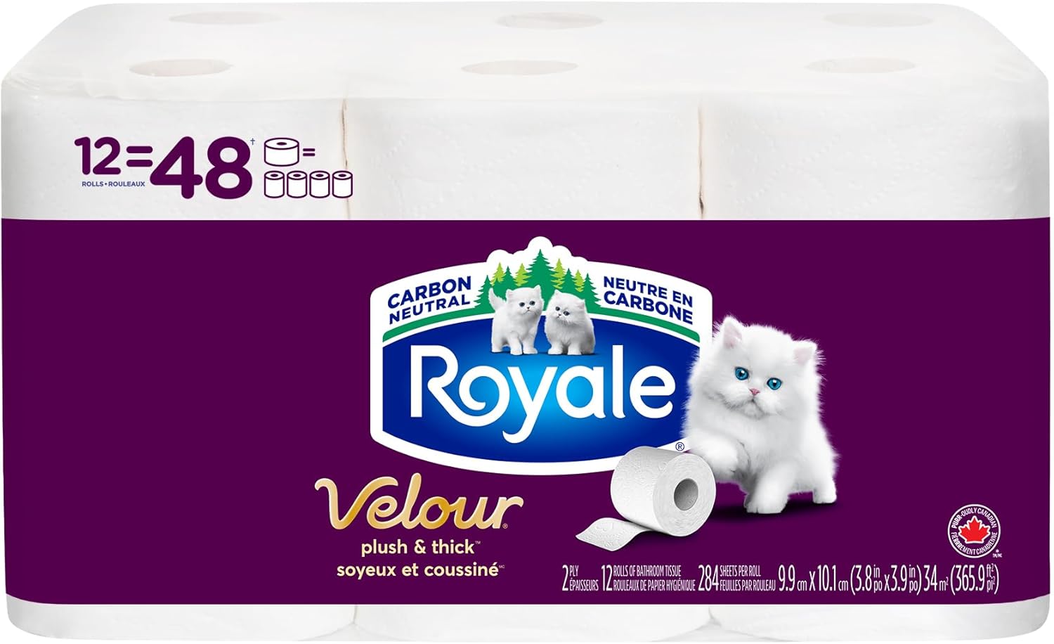 Royale Velour Toilet Paper, 12 Equal 48 Rolls, 284 Bathroom Tissues per roll