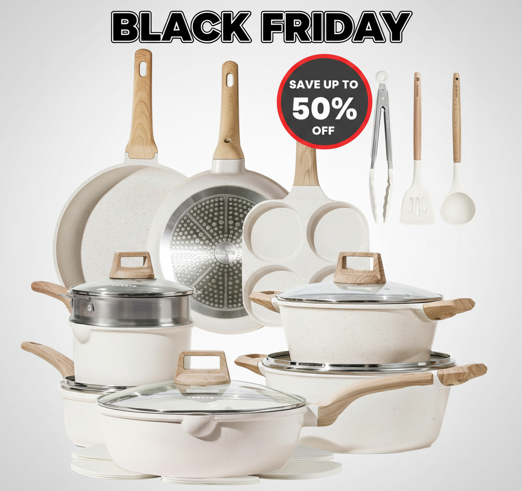 CAROTE 21Pcs Pots and Pans Set, Nonstick Cookware Sets, White Granite Induction Cookware Non Stick Cooking Set w/Frying Pans & Saucepans(PFOS, PFOA Free)